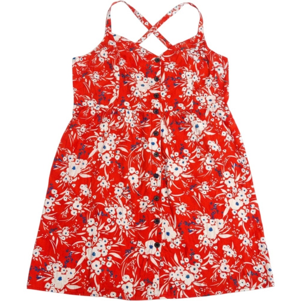 Banana Republic Red Floral Button Front Sun Dress XL Cotton Viscose Cross Back